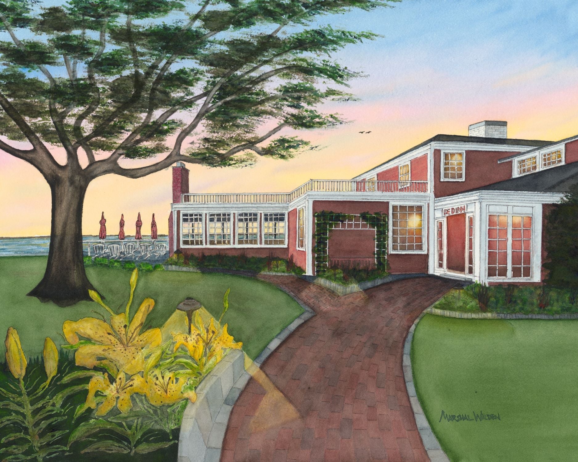 A close-up view showing the fine art textures of Marshal Walden's "Red Inn Summer Glow" watercolor print. This distilled study captures warm light and long shadows on acid-free paper.