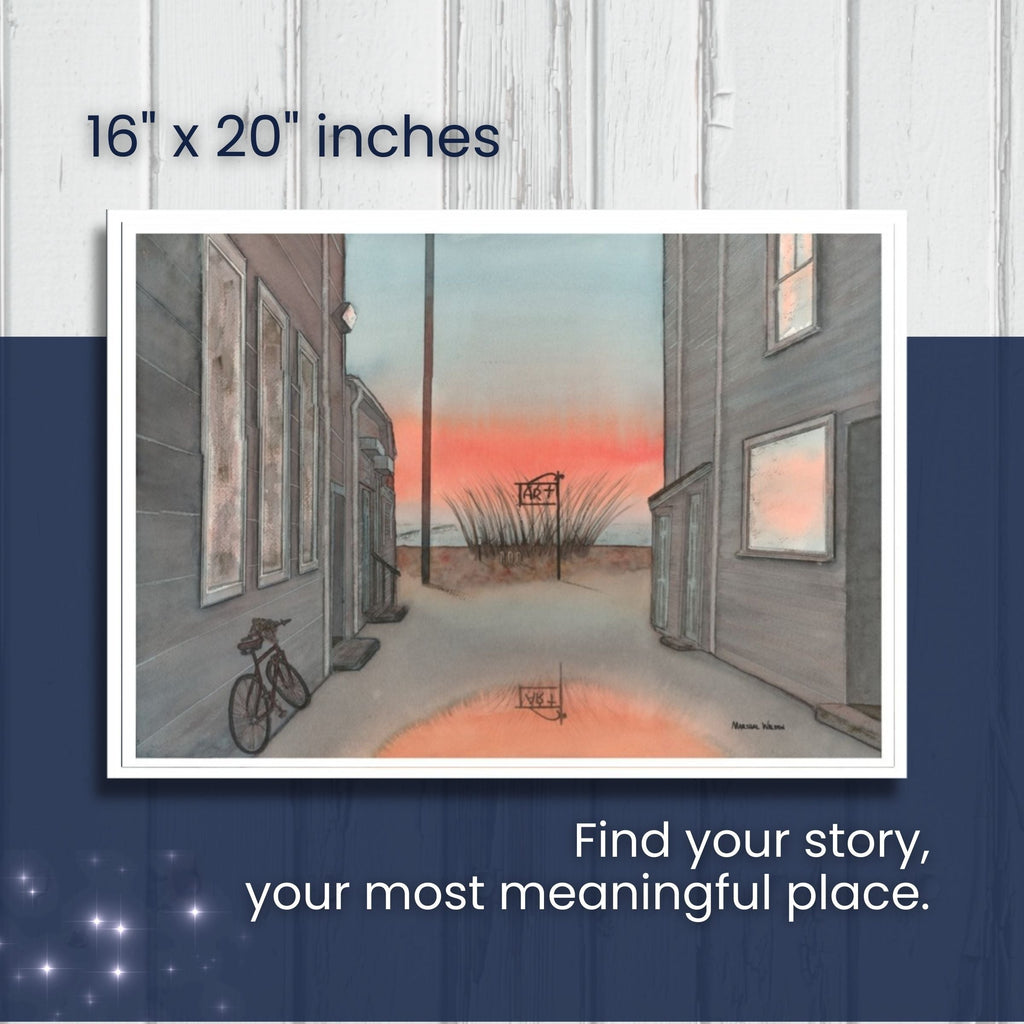 A photograph demonstrating the physical scale of a full sized, 16x20 inch custom watercolor commission piece. Visual cues or text overlays clearly indicate the current pricing structure for an original artwork of this dimensions by artist Marshal Walden.
