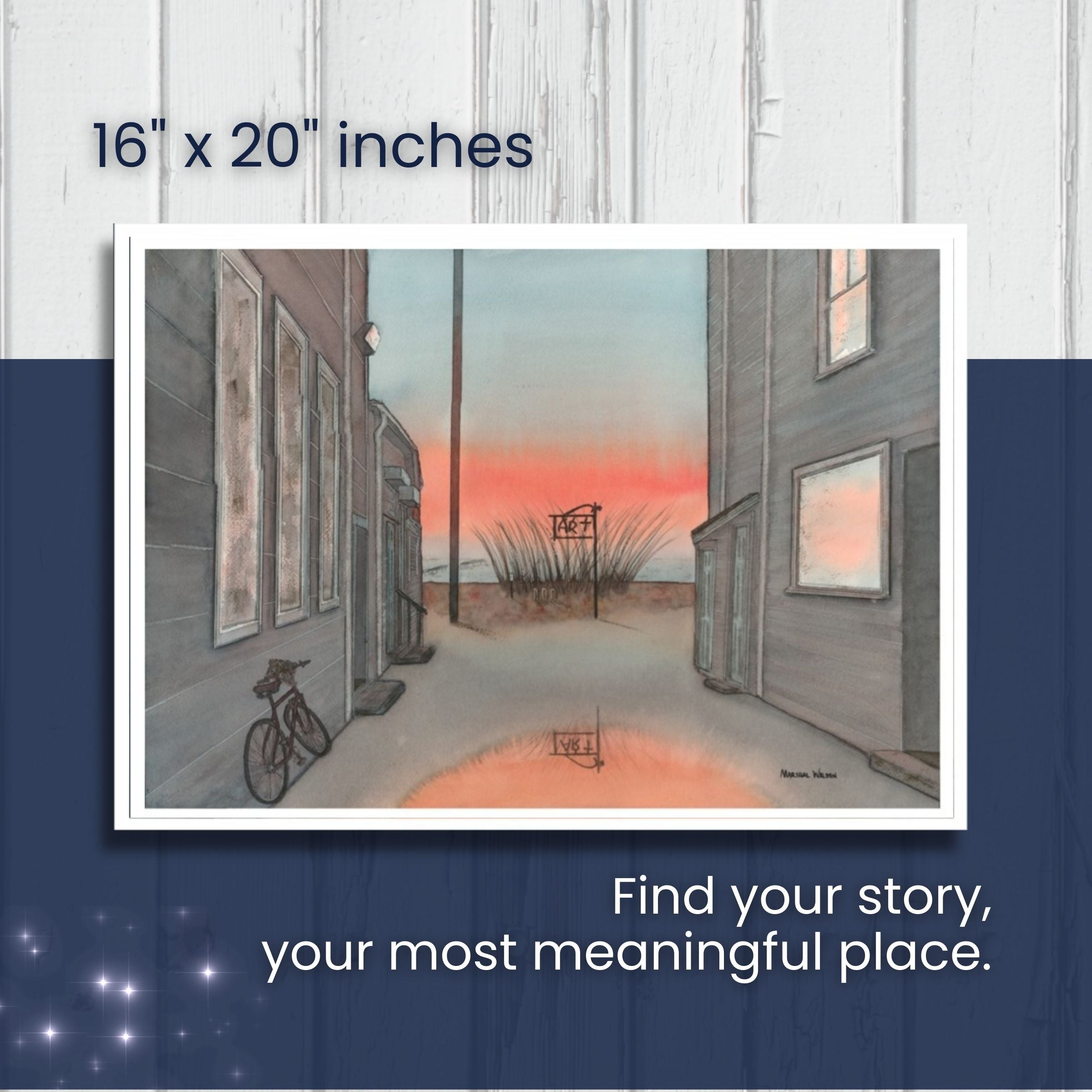 A photograph demonstrating the physical scale of a full sized, 16x20 inch custom watercolor commission piece. Visual cues or text overlays clearly indicate the current pricing structure for an original artwork of this dimensions by artist Marshal Walden.