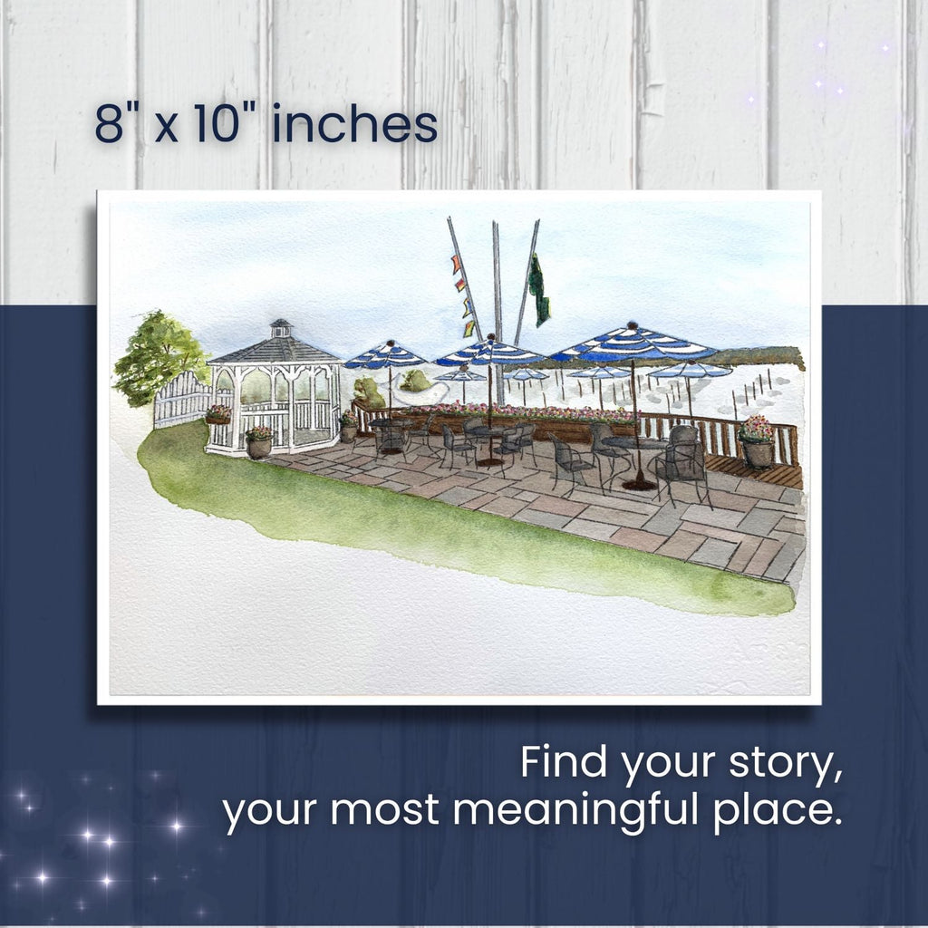 A photograph demonstrating the physical scale of a medium-sized, 8x10 inch custom watercolor commission piece. Visual cues or text overlays clearly indicate the current pricing structure for an original artwork of this dimensions by artist Marshal Walden.