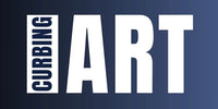 Curbing Art brand logo with dark blue gradient background. The word CURBING is oriented vertically inside a solid white rectangular, adjacent to word ART written in large, bold, condensed white typography.