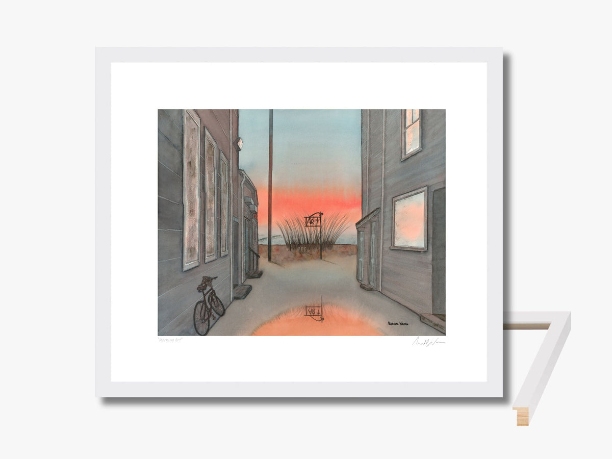 White framed and matted print showing solid wood framing material