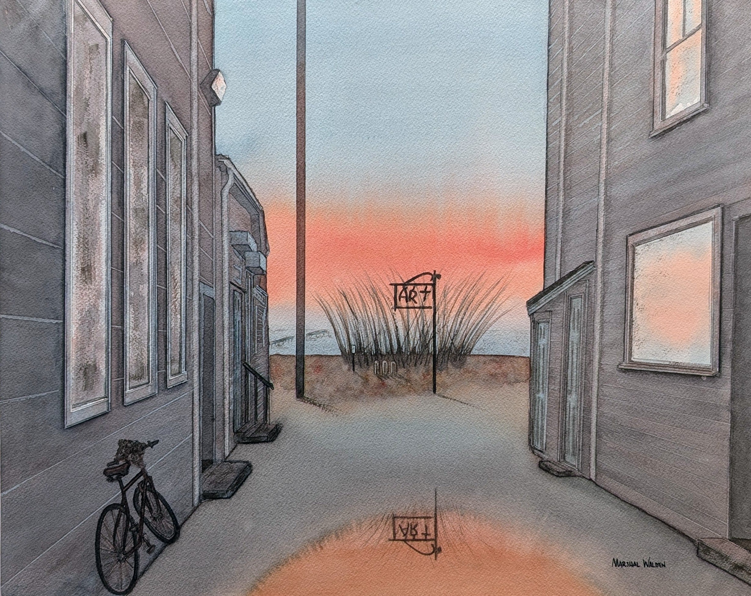 A watercolor painting by Marshal Walden depicting a narrow alley between two grey buildings in Provincetown, leading toward a beach at sunrise. A bicycle is leaned against the left wall, and a puddle reflects the vibrant orange and pink sunrise sky. An "ART" sign stands among dune grass in the distance where the alley meets the harbor. Signed "MARSHAL WALDEN" in the bottom right corner.
