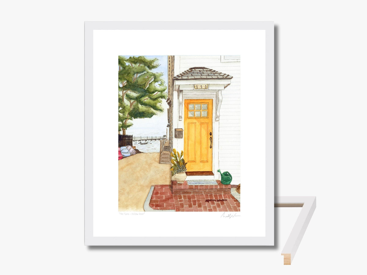 White framed and matted print showing solid wood framing material