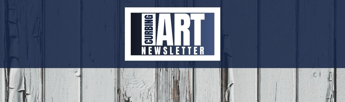 Narrow Newsletter horizontal banner image featuring a rustic background of peeling white paint on wooden planks. Overlaying the top is a dark blue bar containing the white stacked logo block reading "CURBING ART NEWSLETTER".