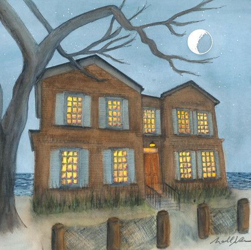A high-resolution close-up photograph showcasing the intricate details and fine art paper texture of the limited edition print "After Hour Stillness" by PAAM member artist Marshal Walden. The image highlights the watercolor brushwork of the iconic two-story shingled Cape Cod home from American Horror Story: Red Tide, focusing on the contrast between the cool, bright moonlit night sky filled with stars and the warm, inviting glow coming from the interior windows.
