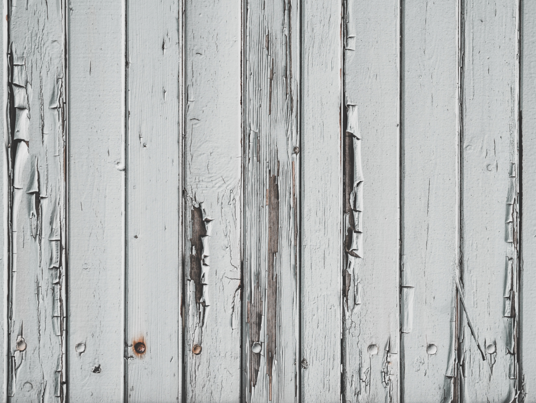 A high-resolution, close-up photograph of vertical wooden planks with a distressed white-wash finish. The light gray and white paint is weathered and peeling in several areas, revealing the dark, aged wood grain and knots underneath. Several rusted nail heads are visible along the bottom edge.