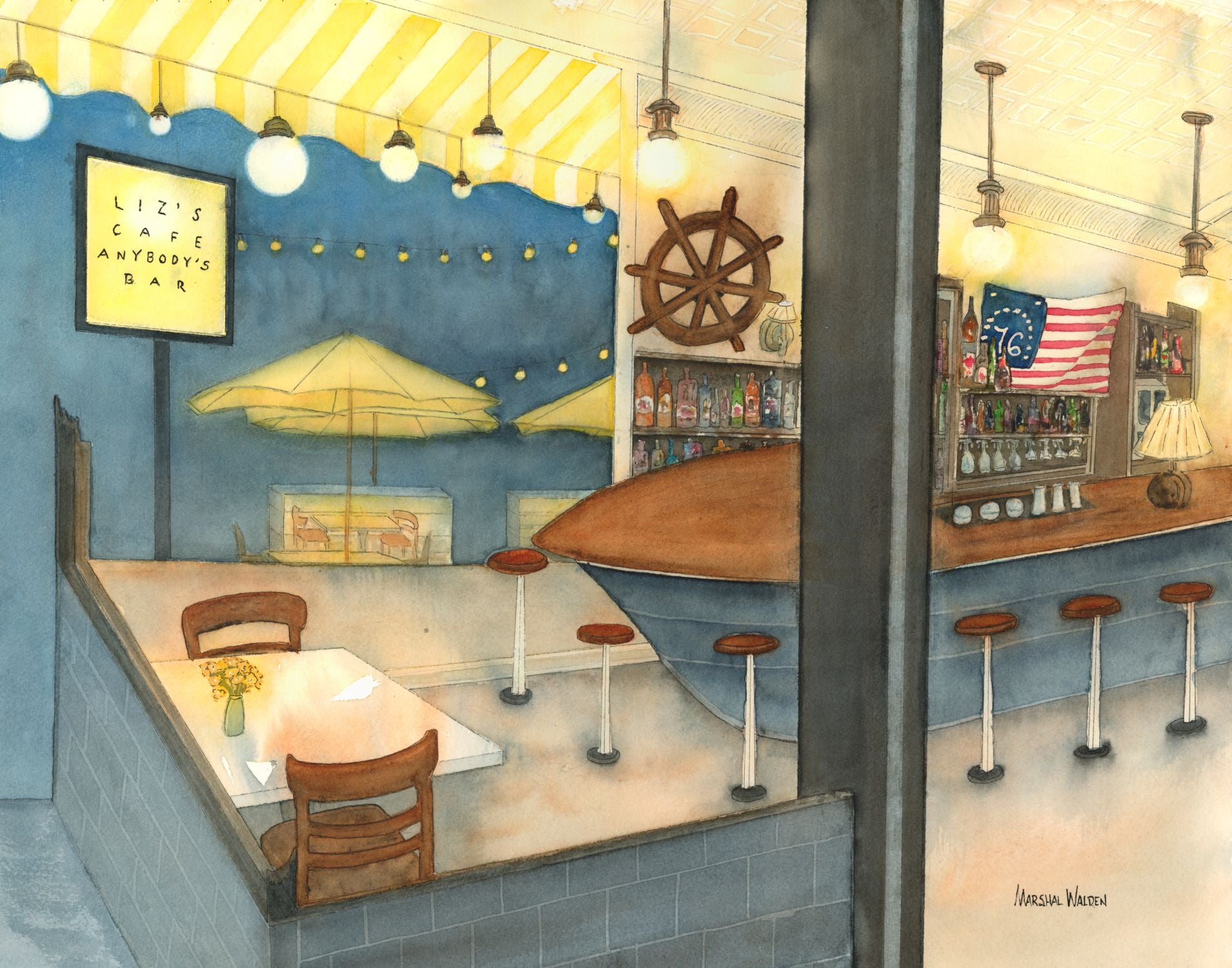 A close-up photograph of the limited edition fine art print "Anybody's Bar" by PAAM Member artist Marshal Walden, showing the texture of the archival paper. The watercolor painting depicts the warm, glowing interior of Liz's Cafe in Provincetown at night, featuring a boat-shaped bar, a ship's wheel, and a table for two, contrasting with the deep indigo evening sky outside the window. A 1776 American flag is also visible behind the bar. The artist's signature "Marshal Walden" is in the bottom right corner.
