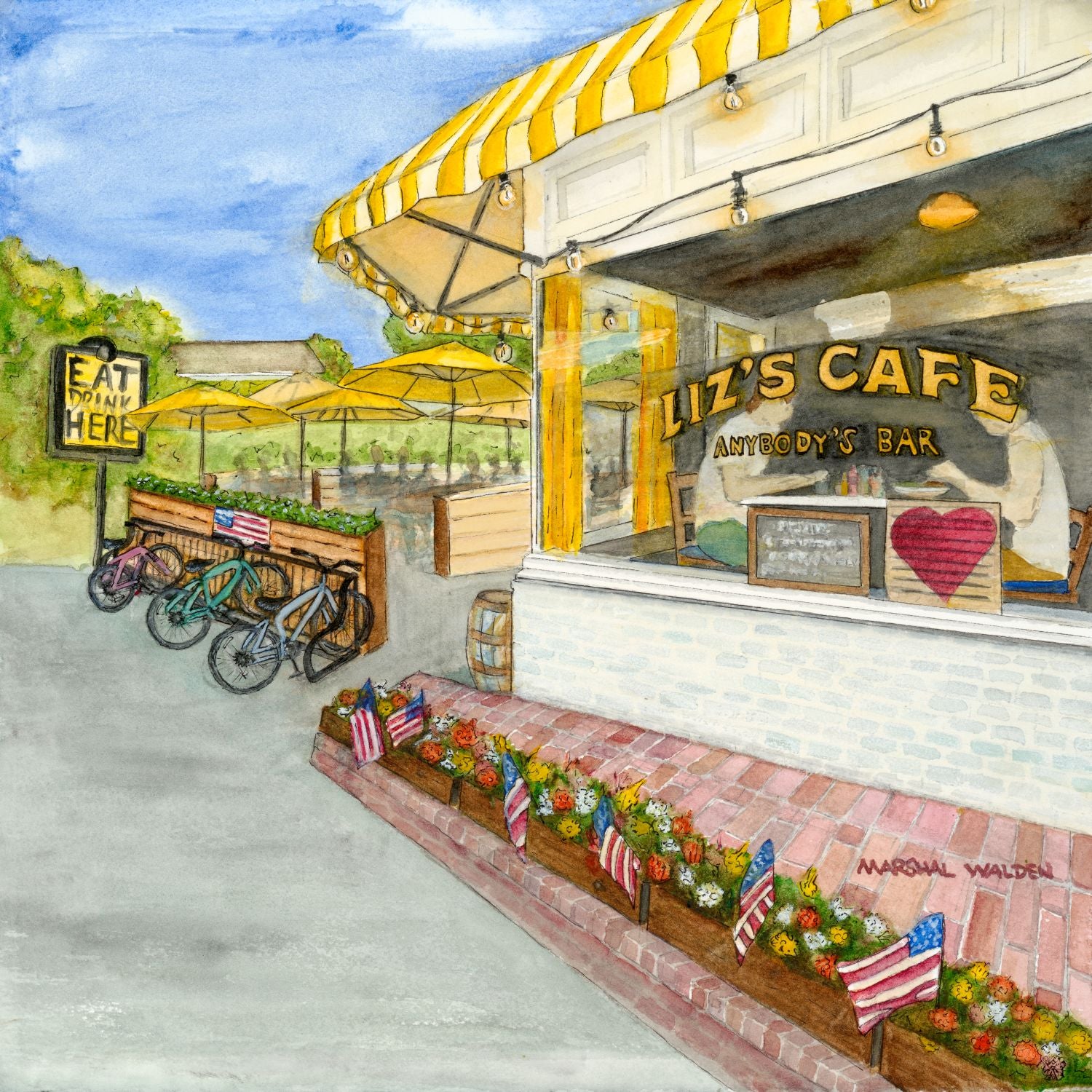 A high-resolution close-up photograph showcasing the intricate details and fine art paper texture of the limited edition print "Window With A View" by PAAM member artist Marshal Walden. The image highlights the detailed watercolor brushwork of Liz's Café (Anybody's Bar) in Provincetown, featuring its iconic bright yellow umbrellas, vibrant flower boxes with American flags, and large picture windows along Bradford Street. The signature "Marshal Walden" is visible in the bottom right corner of the artwork.
