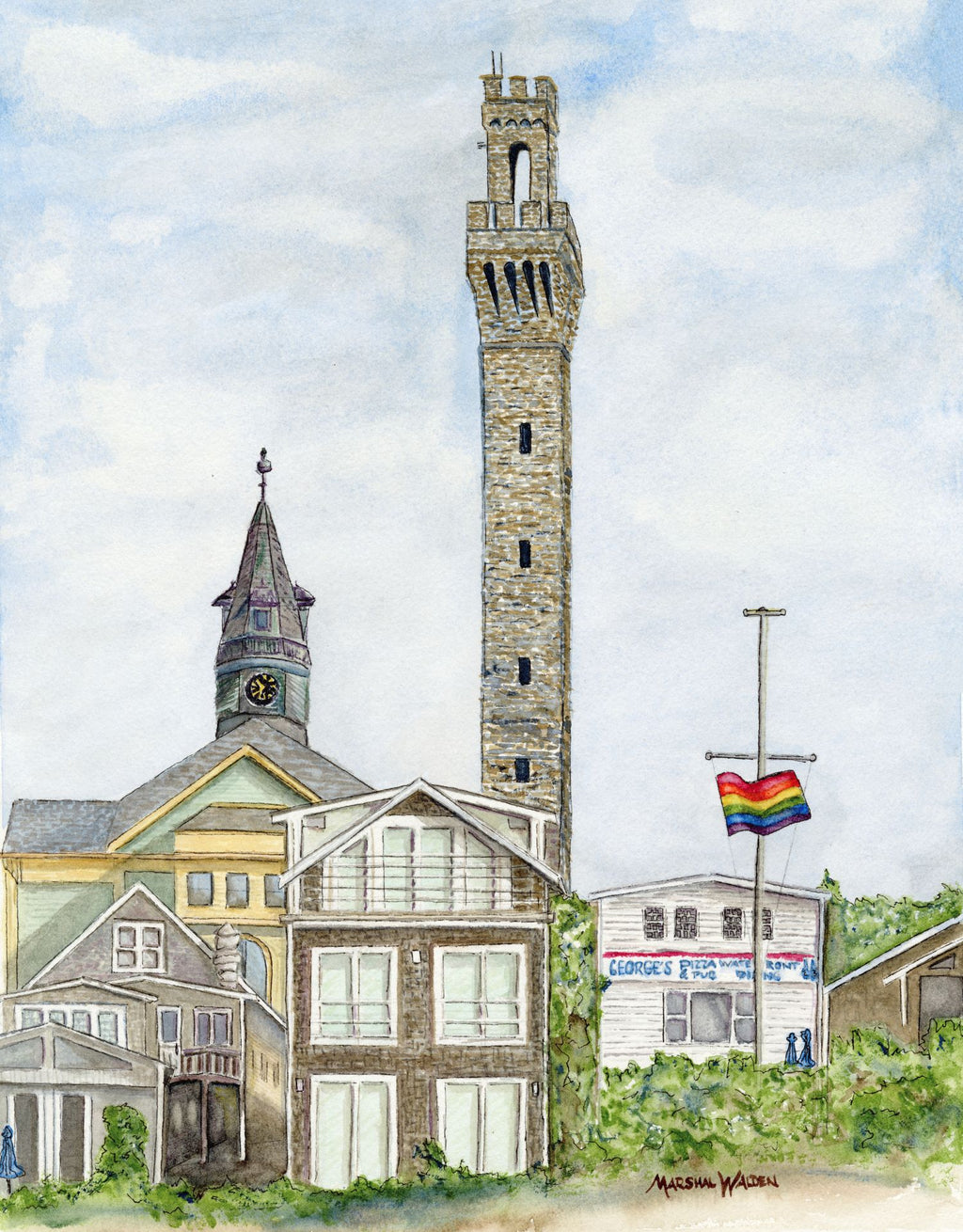 A high-resolution close-up photograph showcasing the intricate details and fine art paper texture of the limited edition print "Monumental Pride" by artist Marshal Walden. The image highlights the watercolor brushwork of the historic Provincetown skyline, featuring the tall granite Pilgrim Monument and the town hall clock tower rising above coastal businesses and residences. A rainbow Pride flag waves prominently on a flagpole on the right side against a cloudy blue sky.
