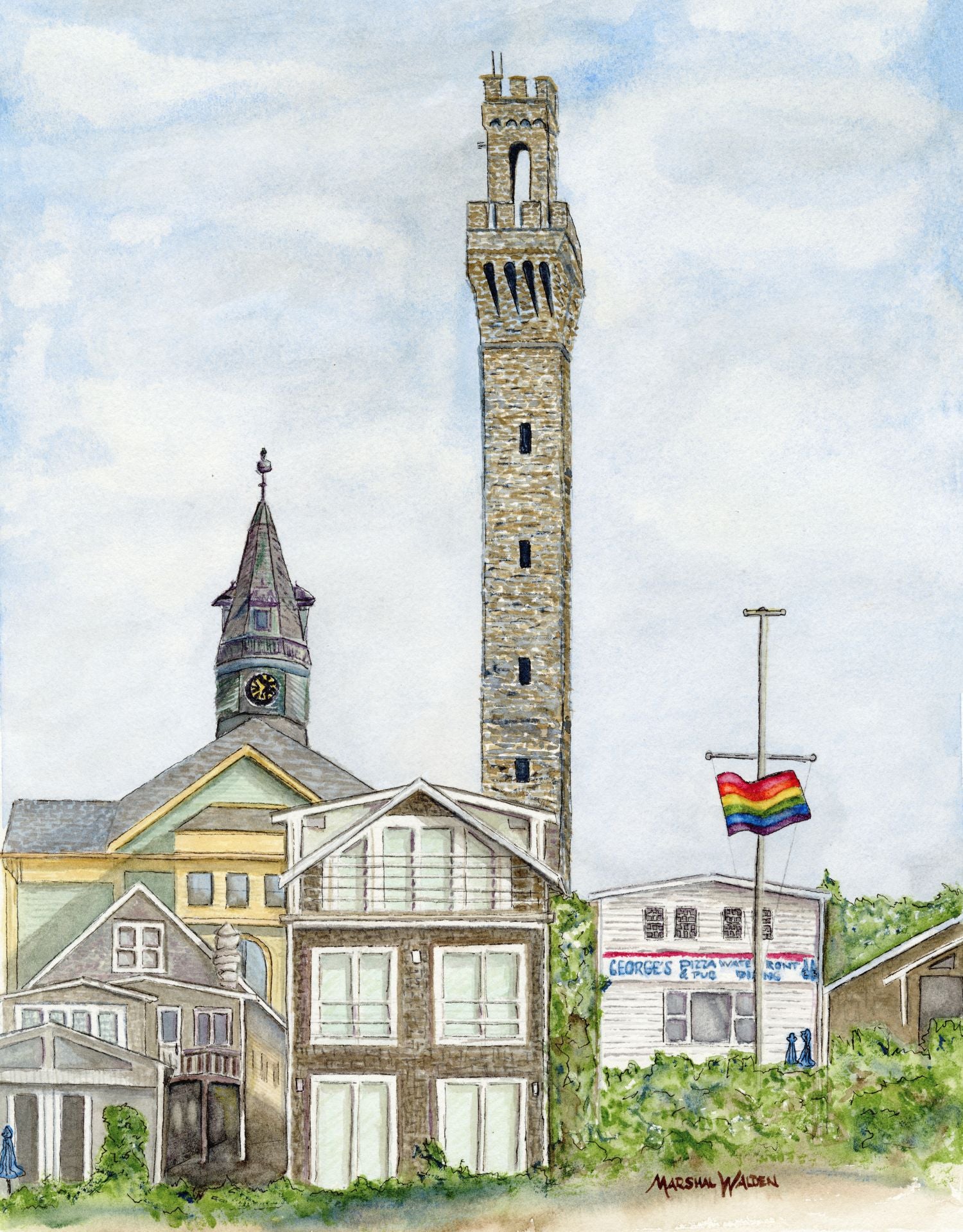 A high-resolution close-up photograph showcasing the intricate details and fine art paper texture of the limited edition print "Monumental Pride" by artist Marshal Walden. The image highlights the watercolor brushwork of the historic Provincetown skyline, featuring the tall granite Pilgrim Monument and the town hall clock tower rising above coastal businesses and residences. A rainbow Pride flag waves prominently on a flagpole on the right side against a cloudy blue sky.
