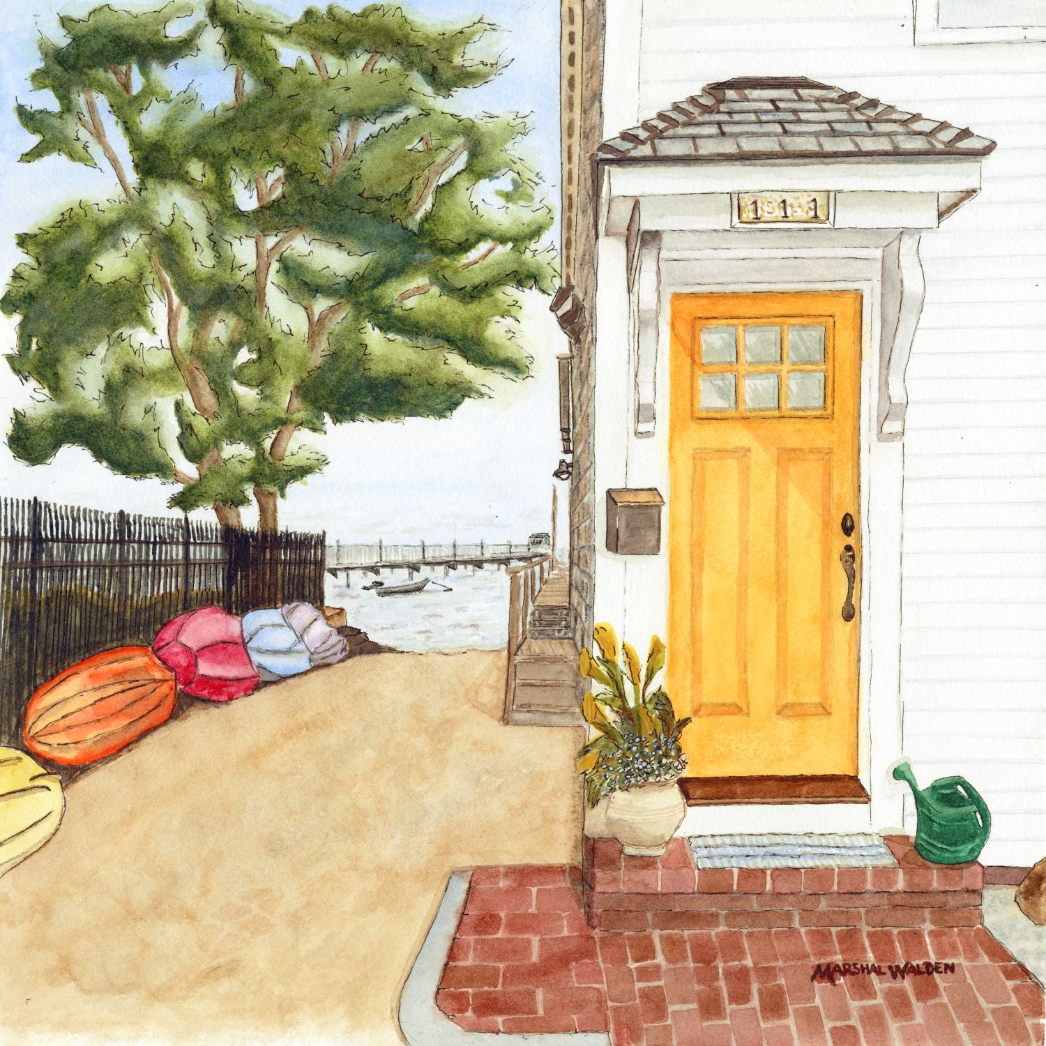A high-resolution close-up photograph showcasing the intricate details and fine art paper texture of the limited edition print "The Turn - Yellow Door" by PAAM member artist Marshal Walden. The image highlights the watercolor brushwork of a building with a bright yellow door on a curve of Commercial Street in Provincetown, drawing the eye past colorful kayaks and down a sandy beach path towards the harbor.
