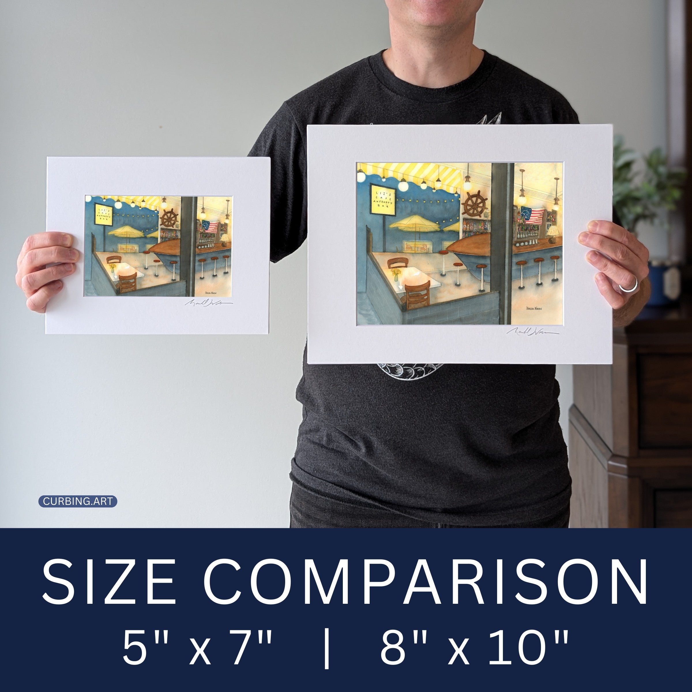 A photo of the artist Marshal Walden holding both 5x7 & 8x10 inch landscape reference commissions to demonstrate scale for custom wall art, helping customers visualize size options before ordering.