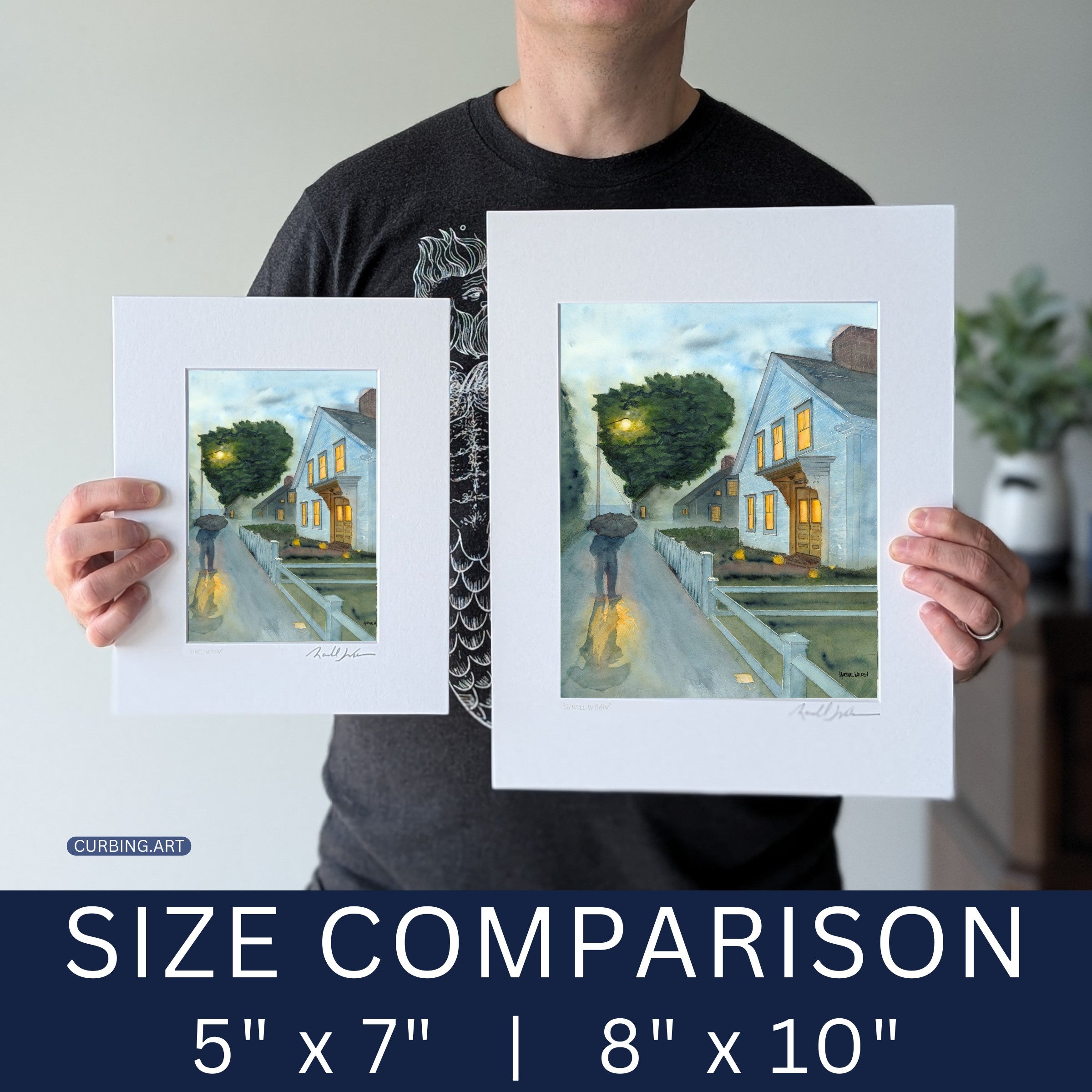 A photo of the artist Marshal Walden holding both 5x7 & 8x10 inch portrait reference commissions to demonstrate scale for custom wall art, helping customers visualize size options before ordering.