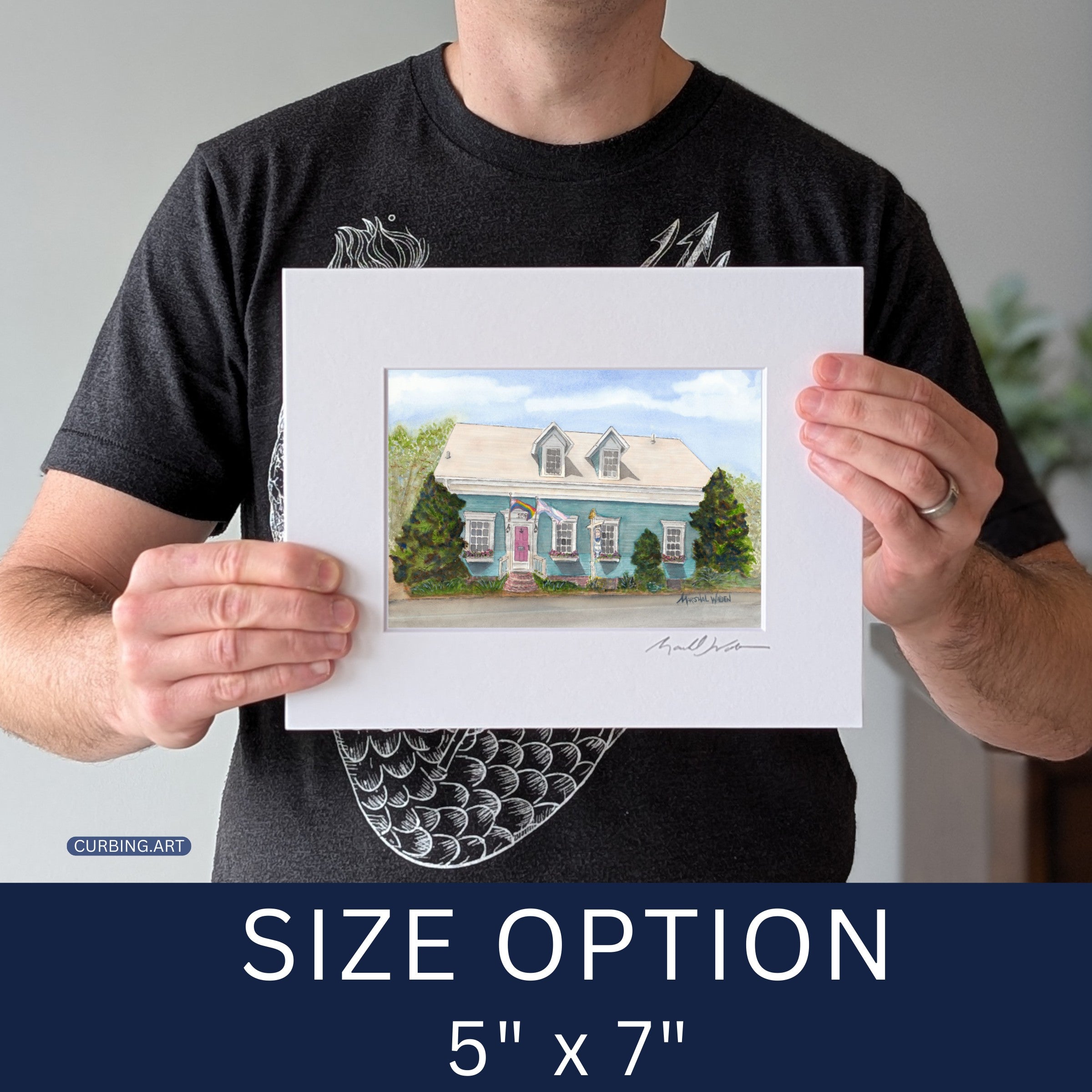 A photo of the artist Marshal Walden holding a 5x7 inch reference commission to demonstrate scale for custom wall art, helping customers visualize size options before ordering.