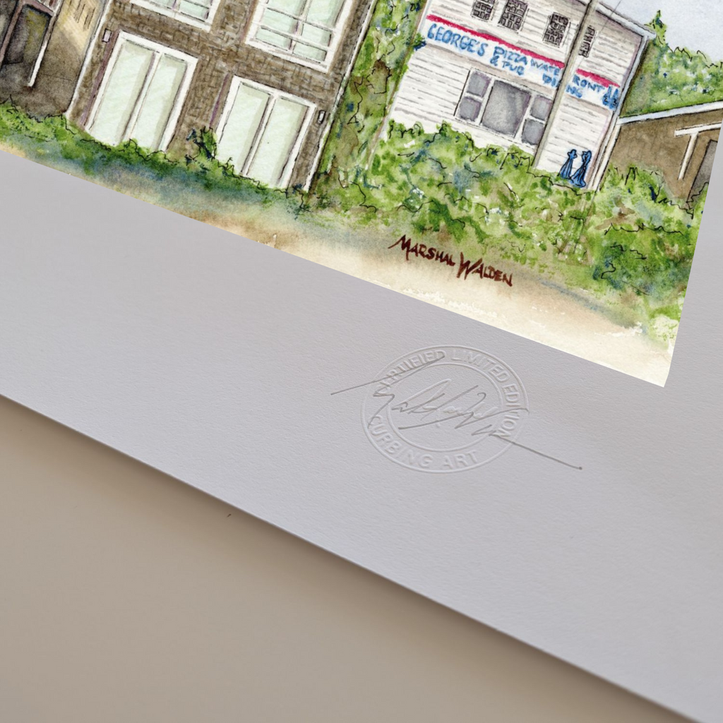 A macro photograph of the bottom corner of the limited edition fine art print "Monumental Pride". The image highlights the textured surface and visible thickness of the heavyweight archival paper stock. Visible on the white border are the raised, circular Curbing Art Certified Limited Edition embossed seal and artist Marshal Walden's hand-signed signature in graphite pencil.
