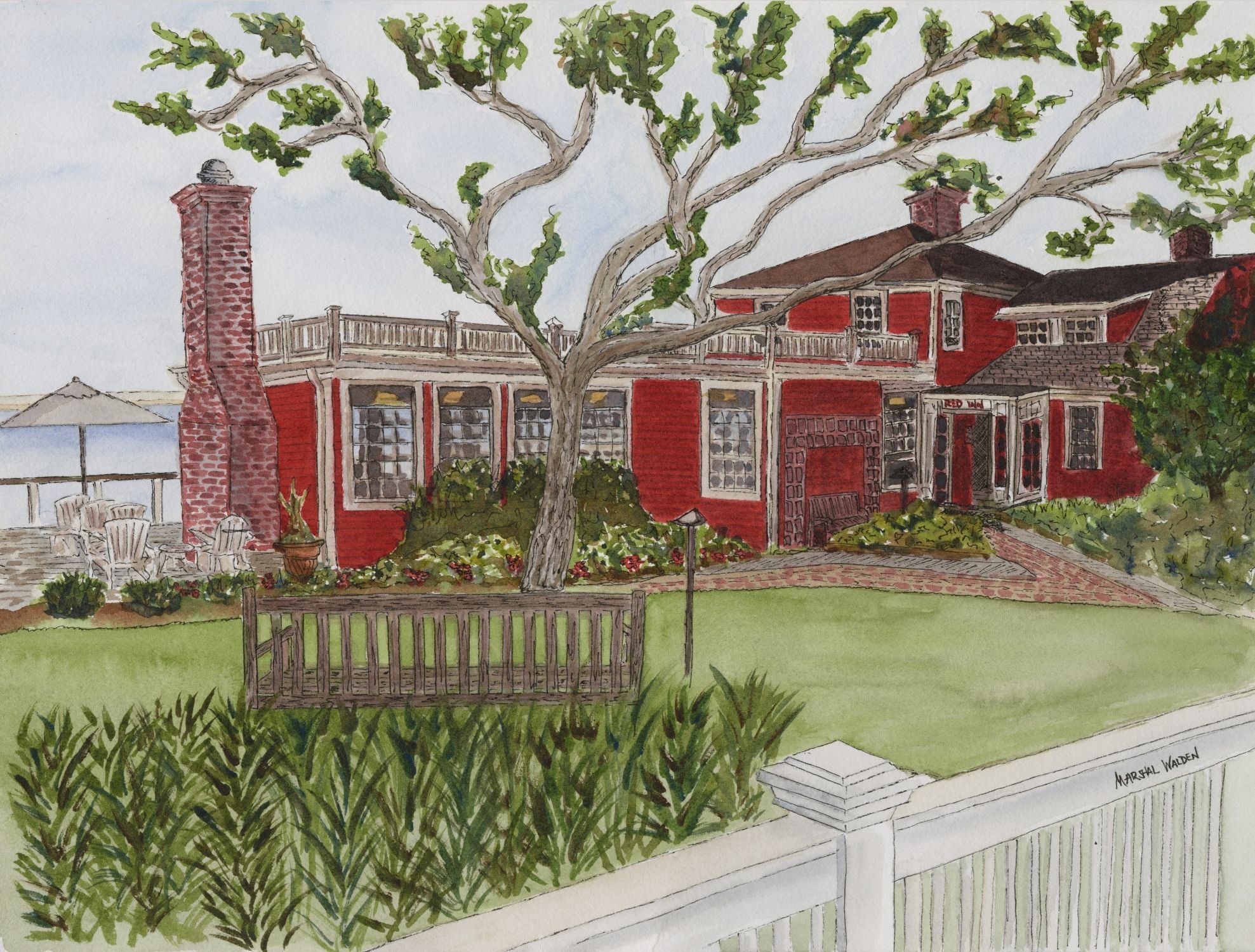 A high-resolution close-up photograph showcasing the intricate details and paper texture of the limited edition print "Red Inn" by PAAM member artist Marshal Walden. The image highlights the fine art paper's grain and the vibrant watercolor details of the historic Red Inn architecture in Provincetown, focusing on the lush gardens, welcoming deck with Adirondack chairs, and the harbor view.