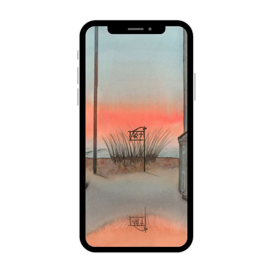 A photograph of a modern smartphone displaying official "Curbing Art" digital fine art wallpaper of "Morning Art" on its illuminated screen. The image demonstrates how the high-resolution digital art download looks when used as a mobile background.