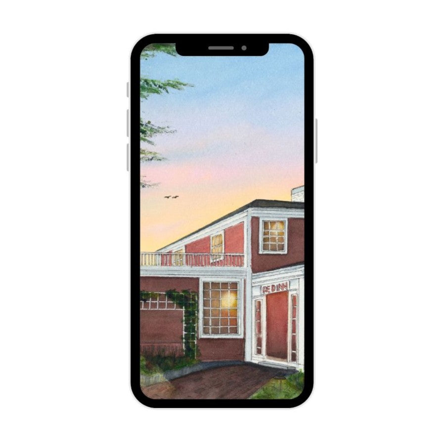 A photograph of a modern smartphone displaying official "Curbing Art" digital fine art wallpaper of "Red Inn Summer Glow" on its illuminated screen. The image demonstrates how the high-resolution digital art download looks when used as a mobile background.