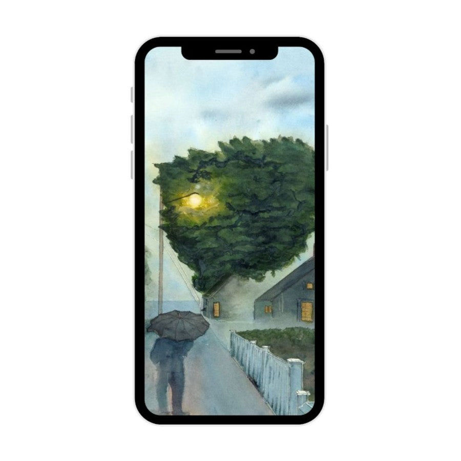 A photograph of a modern smartphone displaying official "Curbing Art" digital fine art wallpaper of "Stroll In Rain" on its illuminated screen. The image demonstrates how the high-resolution digital art download looks when used as a mobile background.
