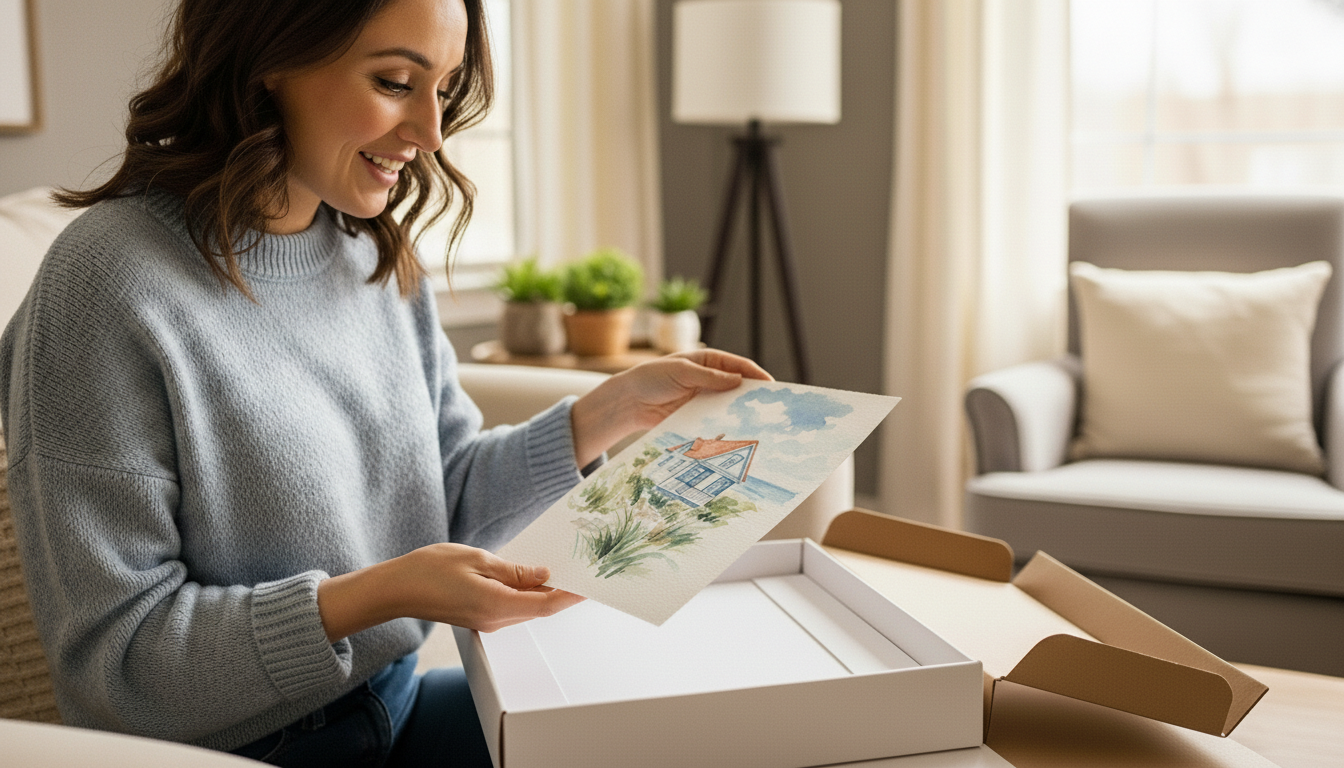 A photograph of a woman smiling warmly in a cozy living room, holding up an unframed 8x10 inch original watercolor painting commission by artist Marshal Walden inside a clear plastic sleeve. The painting depicts a detailed coastal home by the sea. Her expression is one of delight and impressment, suggesting she is admiring the high-quality artwork she is about to give as a special gift.
